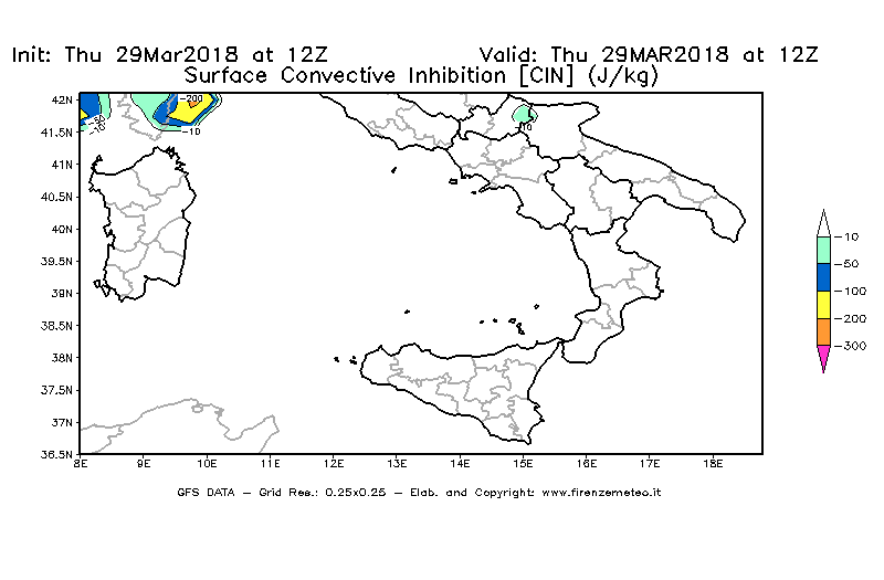 Mappa di analisi GFS - CIN [J/kg] in Sud-Italia
									del 29/03/2018 12 <!--googleoff: index-->UTC<!--googleon: index-->