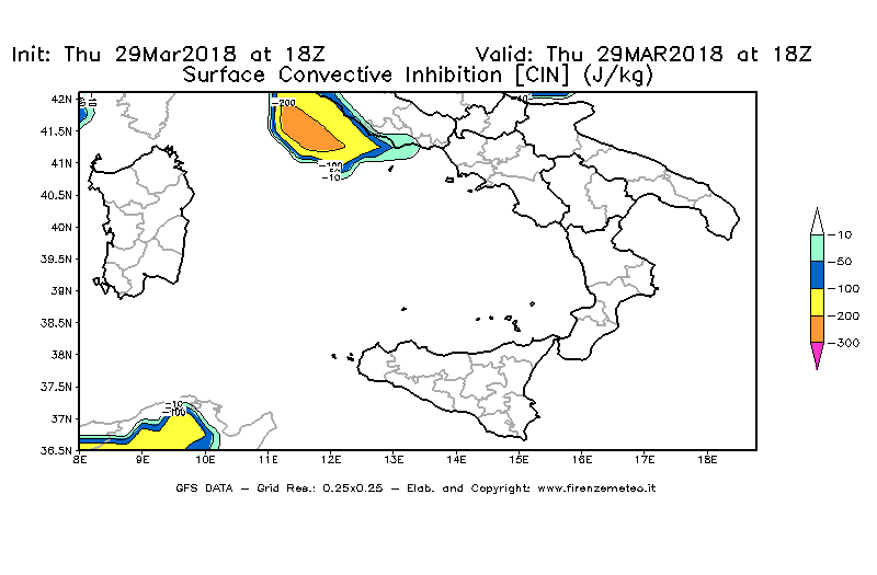 Mappa di analisi GFS - CIN [J/kg] in Sud-Italia
									del 29/03/2018 18 <!--googleoff: index-->UTC<!--googleon: index-->