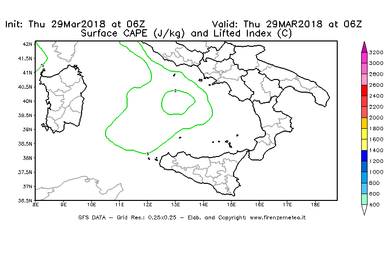 Mappa di analisi GFS - CAPE [J/kg] e Lifted Index [°C] in Sud-Italia
									del 29/03/2018 06 <!--googleoff: index-->UTC<!--googleon: index-->