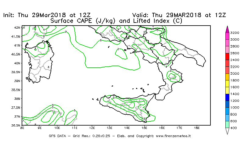 Mappa di analisi GFS - CAPE [J/kg] e Lifted Index [°C] in Sud-Italia
									del 29/03/2018 12 <!--googleoff: index-->UTC<!--googleon: index-->