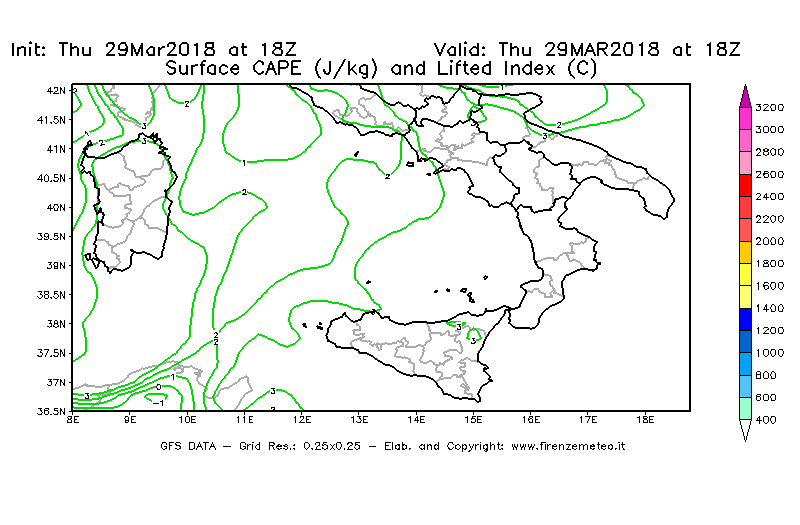 Mappa di analisi GFS - CAPE [J/kg] e Lifted Index [°C] in Sud-Italia
									del 29/03/2018 18 <!--googleoff: index-->UTC<!--googleon: index-->