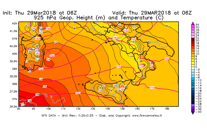 Mappa di analisi GFS - Geopotenziale [m] e Temperatura [°C] a 925 hPa in Sud-Italia
									del 29/03/2018 06 <!--googleoff: index-->UTC<!--googleon: index-->
