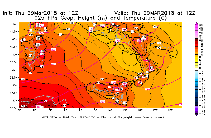 Mappa di analisi GFS - Geopotenziale [m] e Temperatura [°C] a 925 hPa in Sud-Italia
									del 29/03/2018 12 <!--googleoff: index-->UTC<!--googleon: index-->