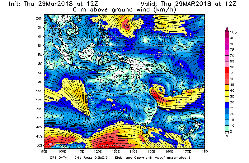 Mappa di analisi GFS - Velocità del vento a 10 metri dal suolo [km/h] in Oceania
									del 29/03/2018 12 <!--googleoff: index-->UTC<!--googleon: index-->