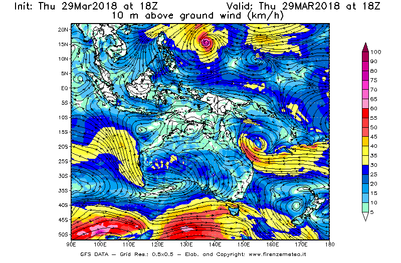 Mappa di analisi GFS - Velocità del vento a 10 metri dal suolo [km/h] in Oceania
									del 29/03/2018 18 <!--googleoff: index-->UTC<!--googleon: index-->