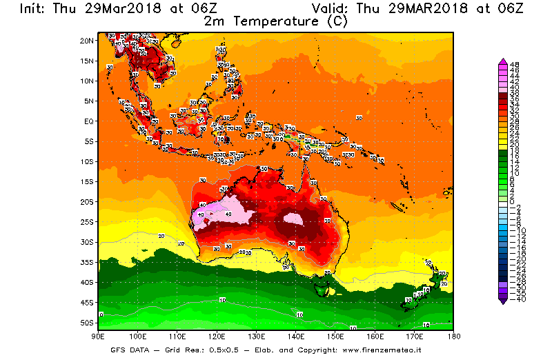 Mappa di analisi GFS - Temperatura a 2 metri dal suolo [°C] in Oceania
									del 29/03/2018 06 <!--googleoff: index-->UTC<!--googleon: index-->