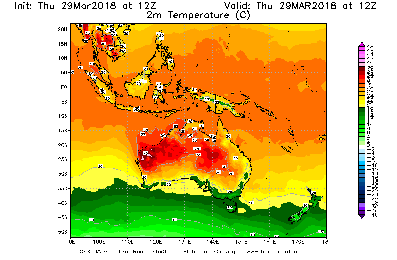 Mappa di analisi GFS - Temperatura a 2 metri dal suolo [°C] in Oceania
									del 29/03/2018 12 <!--googleoff: index-->UTC<!--googleon: index-->