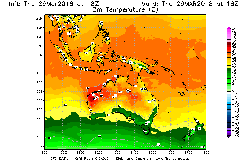 Mappa di analisi GFS - Temperatura a 2 metri dal suolo [°C] in Oceania
									del 29/03/2018 18 <!--googleoff: index-->UTC<!--googleon: index-->