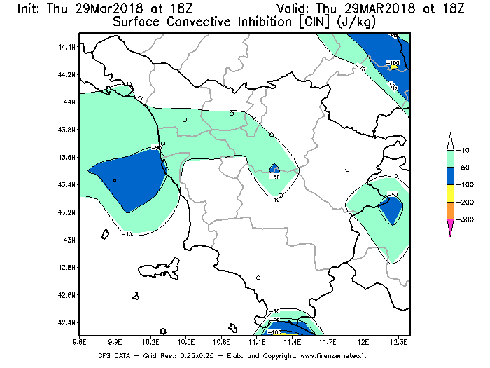 Mappa di analisi GFS - CIN [J/kg] in Toscana
									del 29/03/2018 18 <!--googleoff: index-->UTC<!--googleon: index-->