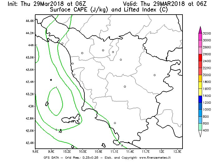 Mappa di analisi GFS - CAPE [J/kg] e Lifted Index [°C] in Toscana
									del 29/03/2018 06 <!--googleoff: index-->UTC<!--googleon: index-->