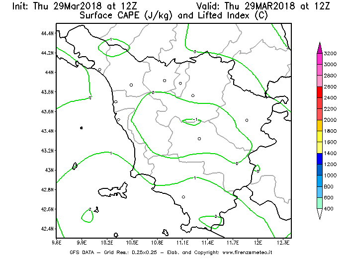 Mappa di analisi GFS - CAPE [J/kg] e Lifted Index [°C] in Toscana
									del 29/03/2018 12 <!--googleoff: index-->UTC<!--googleon: index-->