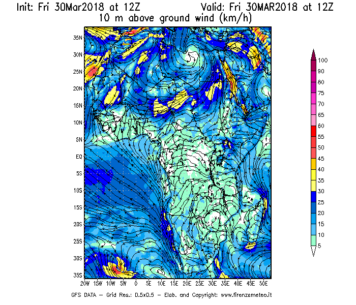 Mappa di analisi GFS - Velocità del vento a 10 metri dal suolo [km/h] in Africa
									del 30/03/2018 12 <!--googleoff: index-->UTC<!--googleon: index-->