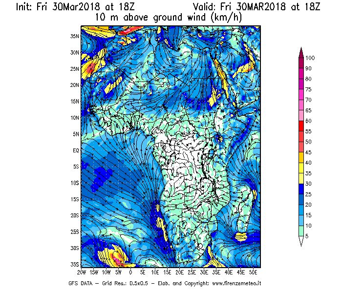 Mappa di analisi GFS - Velocità del vento a 10 metri dal suolo [km/h] in Africa
									del 30/03/2018 18 <!--googleoff: index-->UTC<!--googleon: index-->