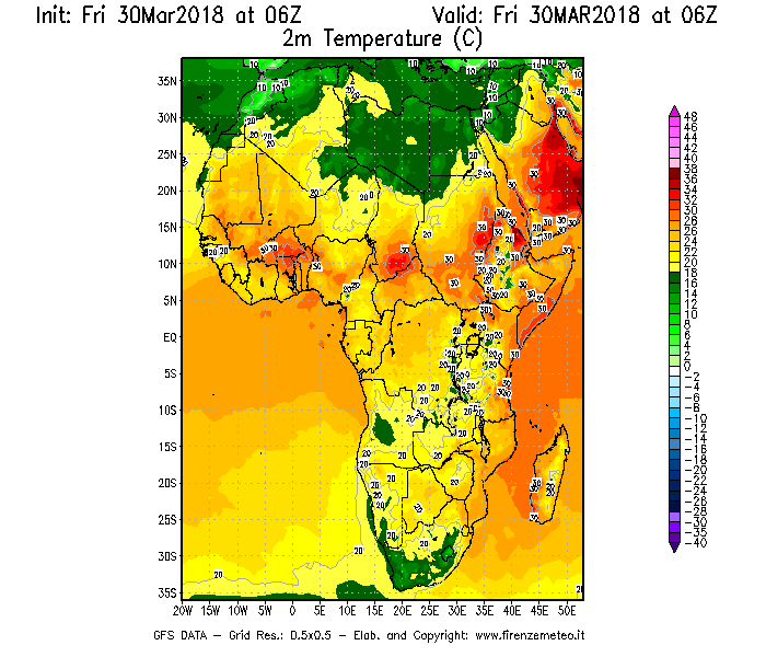 Mappa di analisi GFS - Temperatura a 2 metri dal suolo [°C] in Africa
									del 30/03/2018 06 <!--googleoff: index-->UTC<!--googleon: index-->