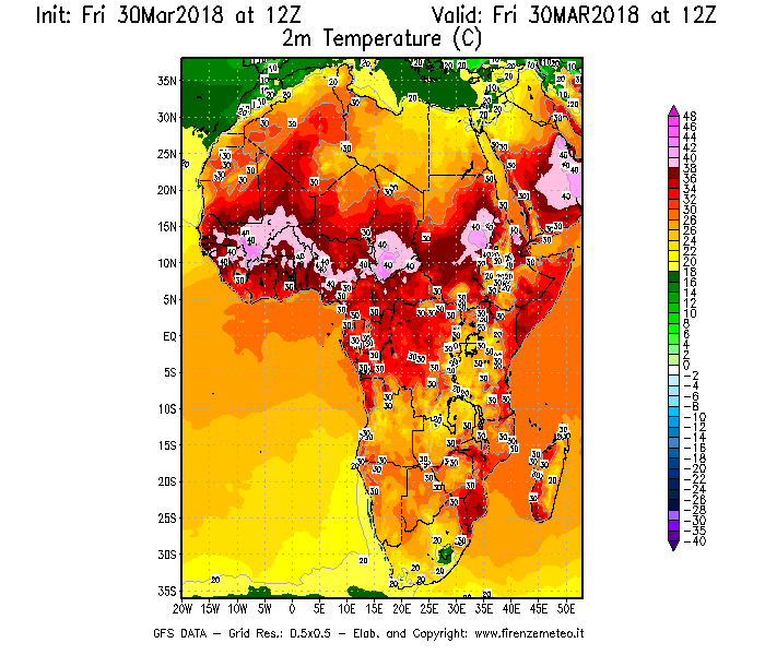 Mappa di analisi GFS - Temperatura a 2 metri dal suolo [°C] in Africa
									del 30/03/2018 12 <!--googleoff: index-->UTC<!--googleon: index-->