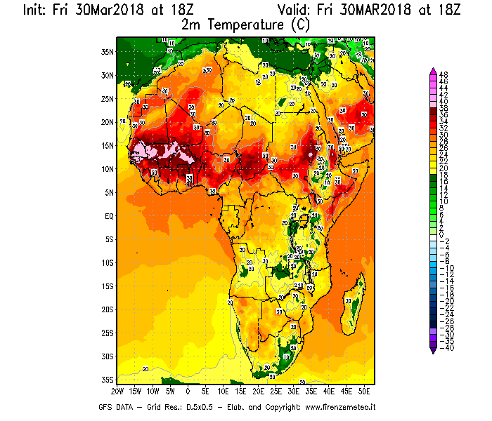 Mappa di analisi GFS - Temperatura a 2 metri dal suolo [°C] in Africa
									del 30/03/2018 18 <!--googleoff: index-->UTC<!--googleon: index-->