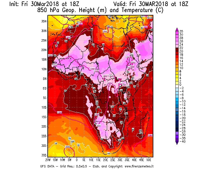 Mappa di analisi GFS - Geopotenziale [m] e Temperatura [°C] a 850 hPa in Africa
									del 30/03/2018 18 <!--googleoff: index-->UTC<!--googleon: index-->