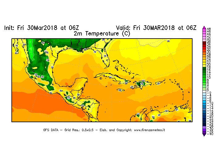 Mappa di analisi GFS - Temperatura a 2 metri dal suolo [°C] in Centro-America
									del 30/03/2018 06 <!--googleoff: index-->UTC<!--googleon: index-->