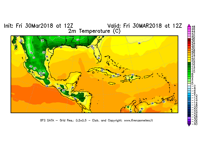 Mappa di analisi GFS - Temperatura a 2 metri dal suolo [°C] in Centro-America
									del 30/03/2018 12 <!--googleoff: index-->UTC<!--googleon: index-->