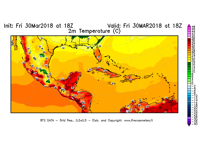 Mappa di analisi GFS - Temperatura a 2 metri dal suolo [°C] in Centro-America
									del 30/03/2018 18 <!--googleoff: index-->UTC<!--googleon: index-->