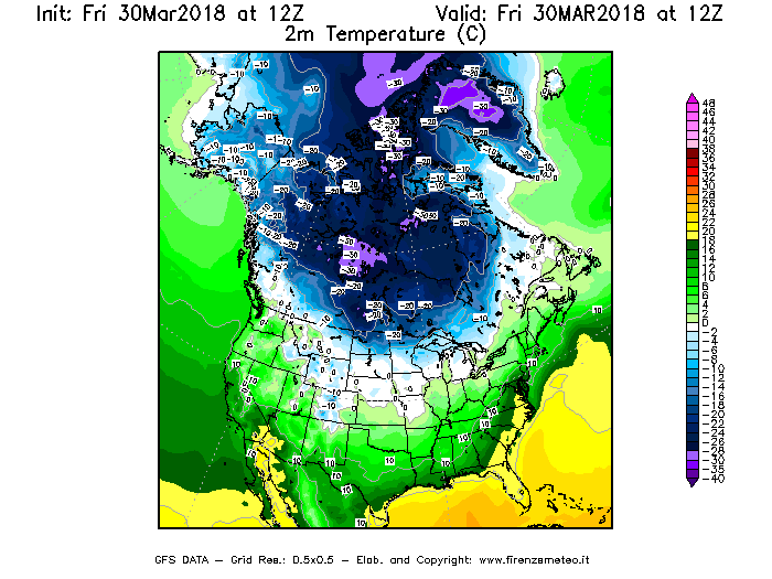 Mappa di analisi GFS - Temperatura a 2 metri dal suolo [°C] in Nord-America
									del 30/03/2018 12 <!--googleoff: index-->UTC<!--googleon: index-->