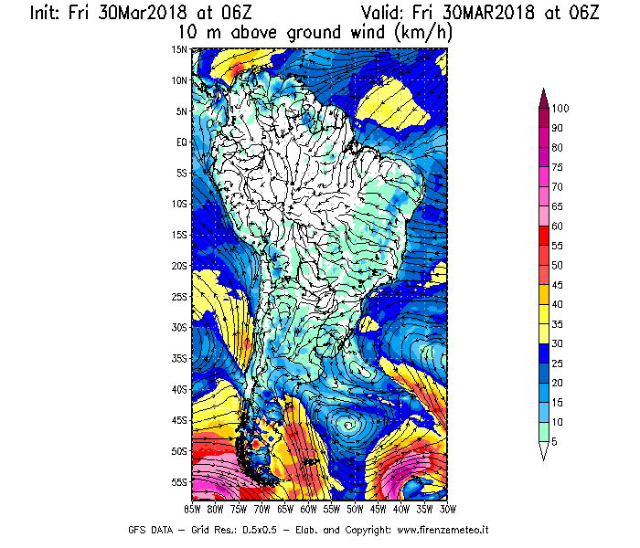 Mappa di analisi GFS - Velocità del vento a 10 metri dal suolo [km/h] in Sud-America
									del 30/03/2018 06 <!--googleoff: index-->UTC<!--googleon: index-->