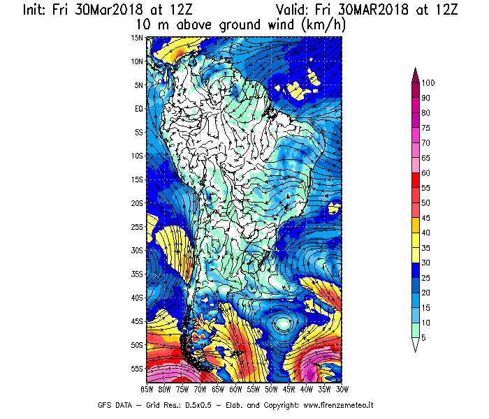 Mappa di analisi GFS - Velocità del vento a 10 metri dal suolo [km/h] in Sud-America
									del 30/03/2018 12 <!--googleoff: index-->UTC<!--googleon: index-->