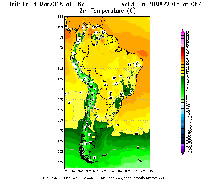 Mappa di analisi GFS - Temperatura a 2 metri dal suolo [°C] in Sud-America
									del 30/03/2018 06 <!--googleoff: index-->UTC<!--googleon: index-->