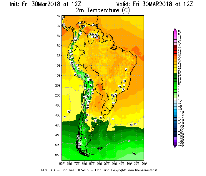Mappa di analisi GFS - Temperatura a 2 metri dal suolo [°C] in Sud-America
									del 30/03/2018 12 <!--googleoff: index-->UTC<!--googleon: index-->