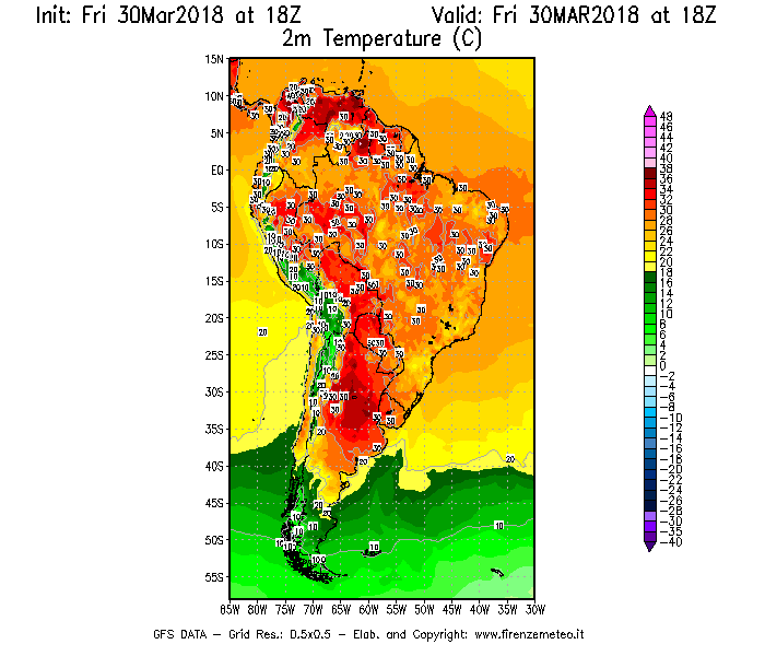 Mappa di analisi GFS - Temperatura a 2 metri dal suolo [°C] in Sud-America
									del 30/03/2018 18 <!--googleoff: index-->UTC<!--googleon: index-->