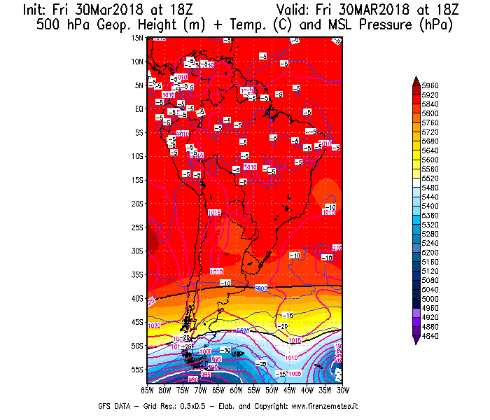 Mappa di analisi GFS - Geopotenziale [m] + Temp. [°C] a 500 hPa + Press. a livello del mare [hPa] in Sud-America
									del 30/03/2018 18 <!--googleoff: index-->UTC<!--googleon: index-->