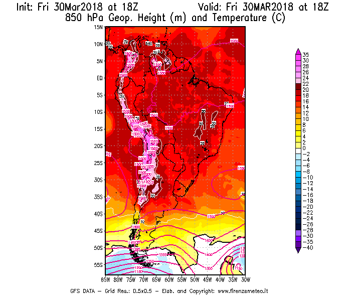 Mappa di analisi GFS - Geopotenziale [m] e Temperatura [°C] a 850 hPa in Sud-America
									del 30/03/2018 18 <!--googleoff: index-->UTC<!--googleon: index-->