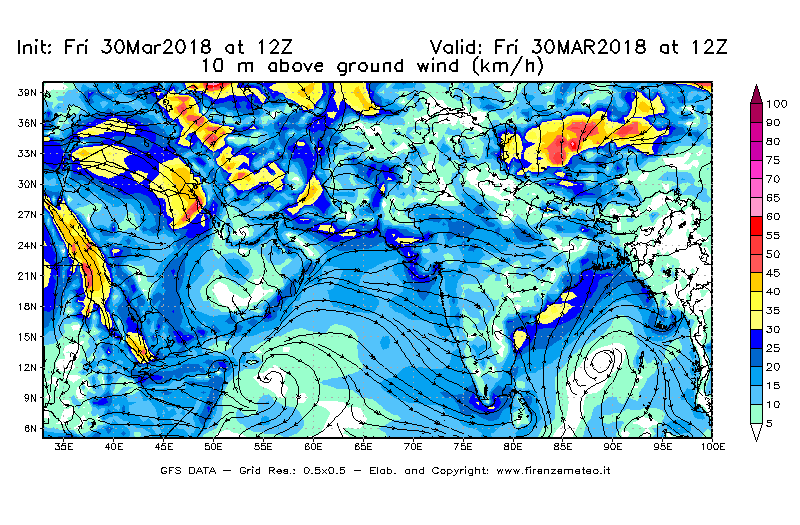 Mappa di analisi GFS - Velocità del vento a 10 metri dal suolo [km/h] in Asia Sud-Occidentale
									del 30/03/2018 12 <!--googleoff: index-->UTC<!--googleon: index-->