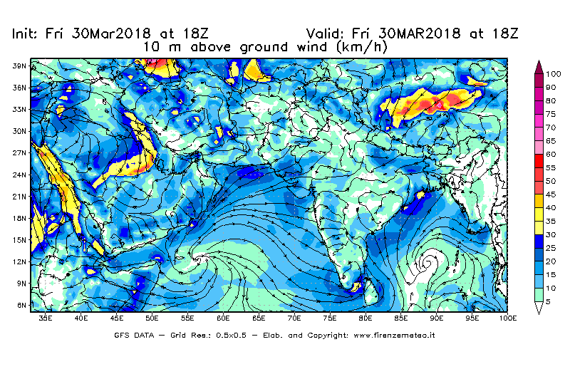 Mappa di analisi GFS - Velocità del vento a 10 metri dal suolo [km/h] in Asia Sud-Occidentale
									del 30/03/2018 18 <!--googleoff: index-->UTC<!--googleon: index-->