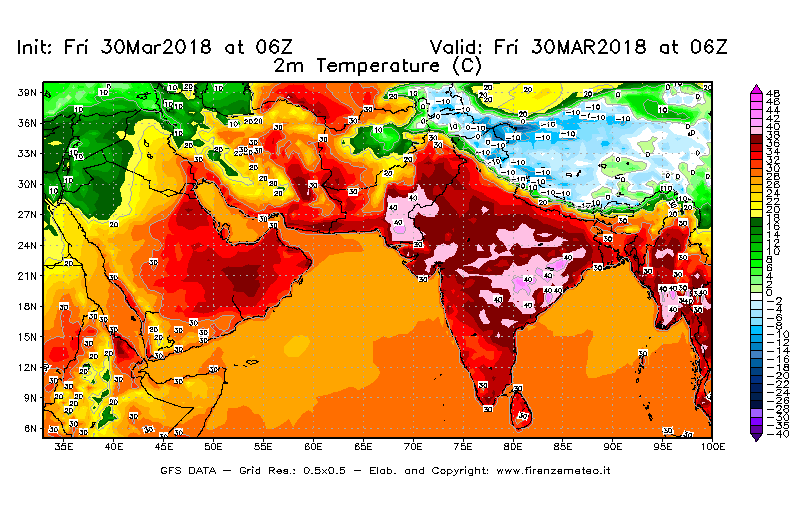 Mappa di analisi GFS - Temperatura a 2 metri dal suolo [°C] in Asia Sud-Occidentale
									del 30/03/2018 06 <!--googleoff: index-->UTC<!--googleon: index-->