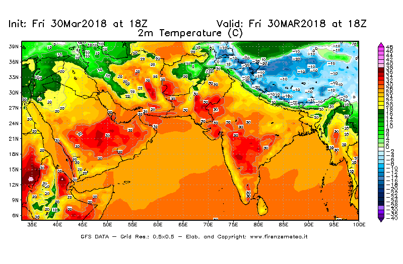 Mappa di analisi GFS - Temperatura a 2 metri dal suolo [°C] in Asia Sud-Occidentale
									del 30/03/2018 18 <!--googleoff: index-->UTC<!--googleon: index-->