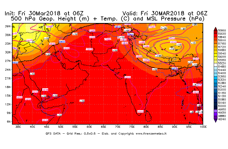 Mappa di analisi GFS - Geopotenziale [m] + Temp. [°C] a 500 hPa + Press. a livello del mare [hPa] in Asia Sud-Occidentale
									del 30/03/2018 06 <!--googleoff: index-->UTC<!--googleon: index-->