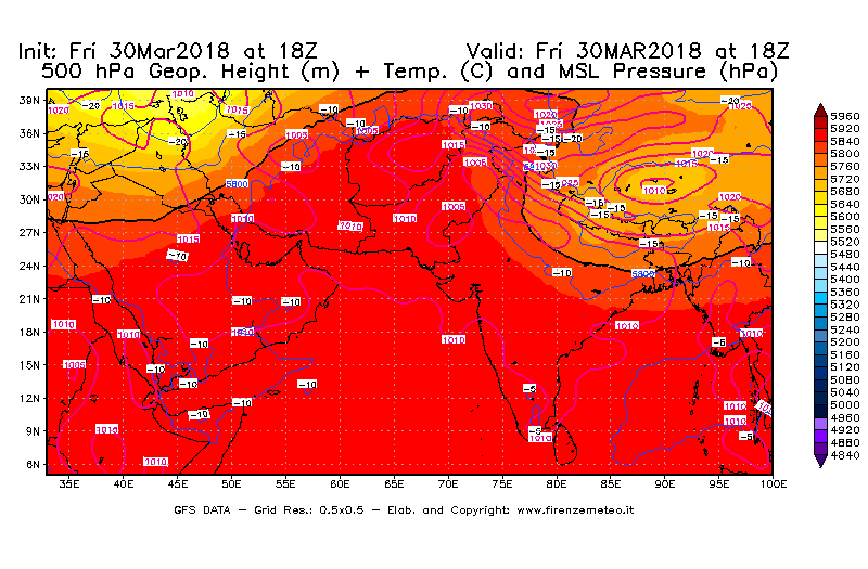 Mappa di analisi GFS - Geopotenziale [m] + Temp. [°C] a 500 hPa + Press. a livello del mare [hPa] in Asia Sud-Occidentale
									del 30/03/2018 18 <!--googleoff: index-->UTC<!--googleon: index-->