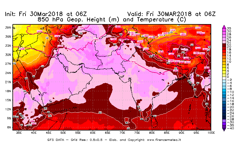 Mappa di analisi GFS - Geopotenziale [m] e Temperatura [°C] a 850 hPa in Asia Sud-Occidentale
									del 30/03/2018 06 <!--googleoff: index-->UTC<!--googleon: index-->