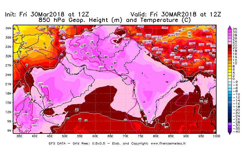 Mappa di analisi GFS - Geopotenziale [m] e Temperatura [°C] a 850 hPa in Asia Sud-Occidentale
									del 30/03/2018 12 <!--googleoff: index-->UTC<!--googleon: index-->