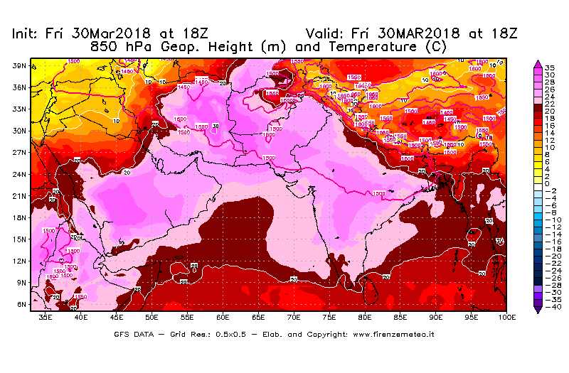 Mappa di analisi GFS - Geopotenziale [m] e Temperatura [°C] a 850 hPa in Asia Sud-Occidentale
									del 30/03/2018 18 <!--googleoff: index-->UTC<!--googleon: index-->