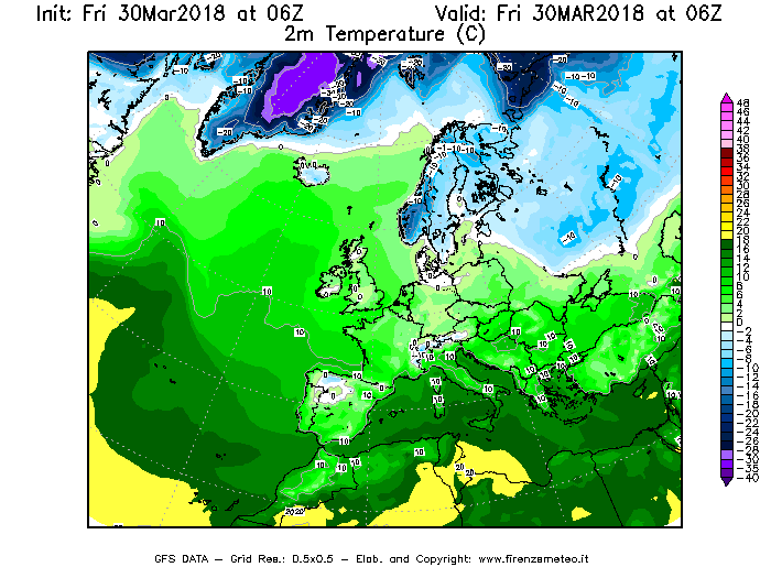 Mappa di analisi GFS - Temperatura a 2 metri dal suolo [°C] in Europa
									del 30/03/2018 06 <!--googleoff: index-->UTC<!--googleon: index-->