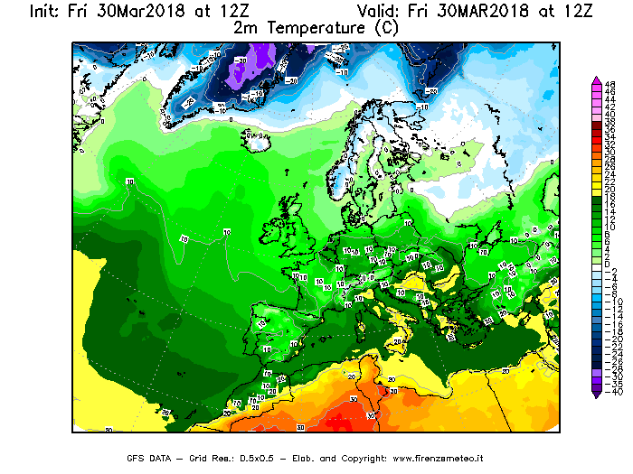 Mappa di analisi GFS - Temperatura a 2 metri dal suolo [°C] in Europa
									del 30/03/2018 12 <!--googleoff: index-->UTC<!--googleon: index-->