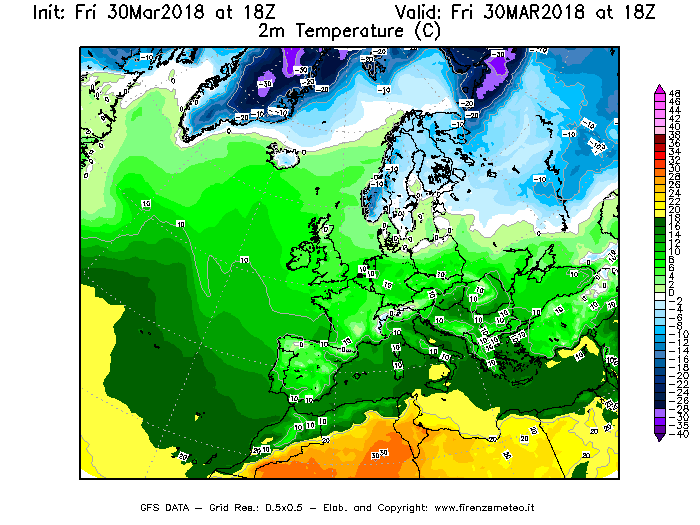 Mappa di analisi GFS - Temperatura a 2 metri dal suolo [°C] in Europa
									del 30/03/2018 18 <!--googleoff: index-->UTC<!--googleon: index-->