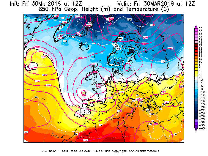 Mappa di analisi GFS - Geopotenziale [m] e Temperatura [°C] a 850 hPa in Europa
									del 30/03/2018 12 <!--googleoff: index-->UTC<!--googleon: index-->