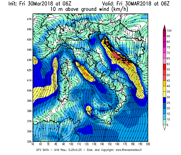 Mappa di analisi GFS - Velocità del vento a 10 metri dal suolo [km/h] in Italia
									del 30/03/2018 06 <!--googleoff: index-->UTC<!--googleon: index-->