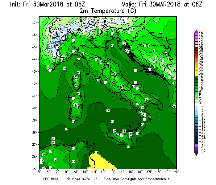 Mappa di analisi GFS - Temperatura a 2 metri dal suolo [°C] in Italia
									del 30/03/2018 06 <!--googleoff: index-->UTC<!--googleon: index-->