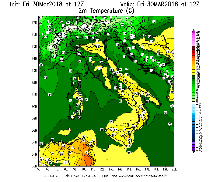 Mappa di analisi GFS - Temperatura a 2 metri dal suolo [°C] in Italia
									del 30/03/2018 12 <!--googleoff: index-->UTC<!--googleon: index-->