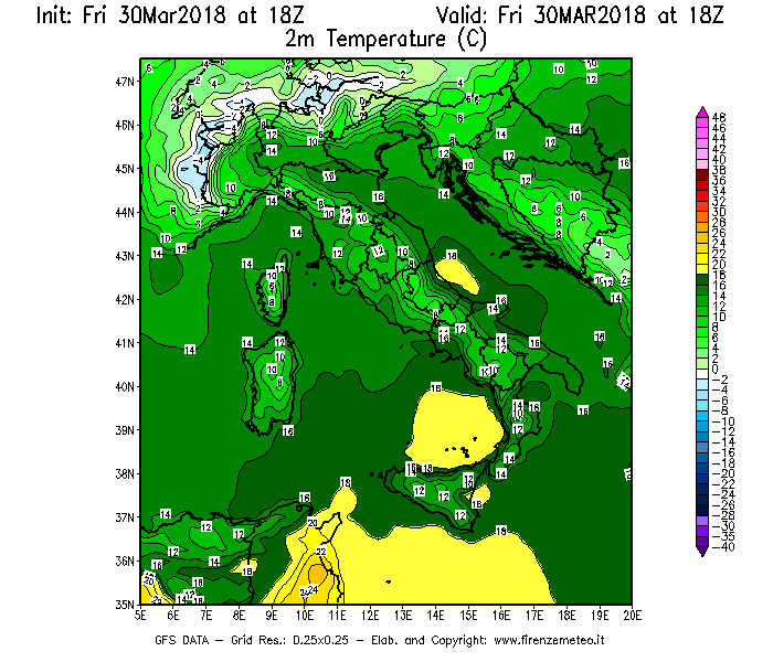 Mappa di analisi GFS - Temperatura a 2 metri dal suolo [°C] in Italia
									del 30/03/2018 18 <!--googleoff: index-->UTC<!--googleon: index-->
