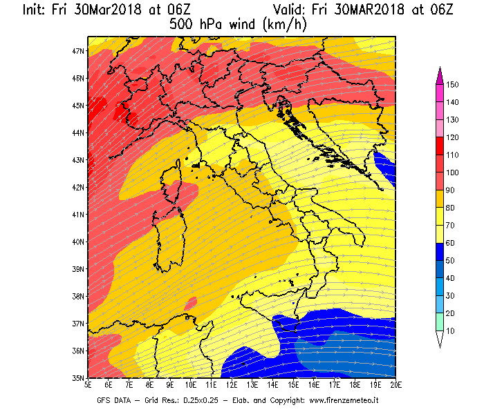 Mappa di analisi GFS - Velocità del vento a 500 hPa [km/h] in Italia
									del 30/03/2018 06 <!--googleoff: index-->UTC<!--googleon: index-->